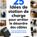 Station de recharge élégante et organisée sur une table avec plusieurs appareils.