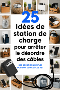 Station de recharge élégante et organisée sur une table avec plusieurs appareils.