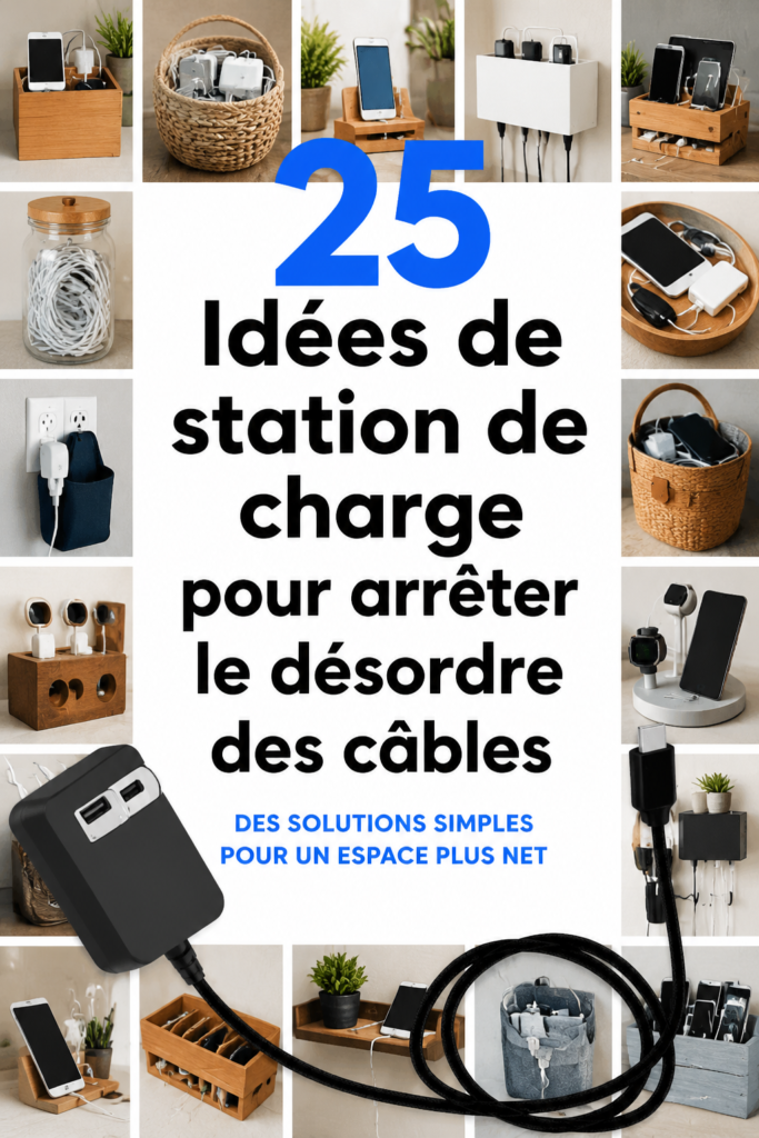 Station de recharge élégante et organisée sur une table avec plusieurs appareils.