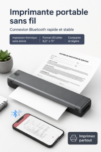 Imprimante portable Phomemo sur une table avec des étiquettes imprimées