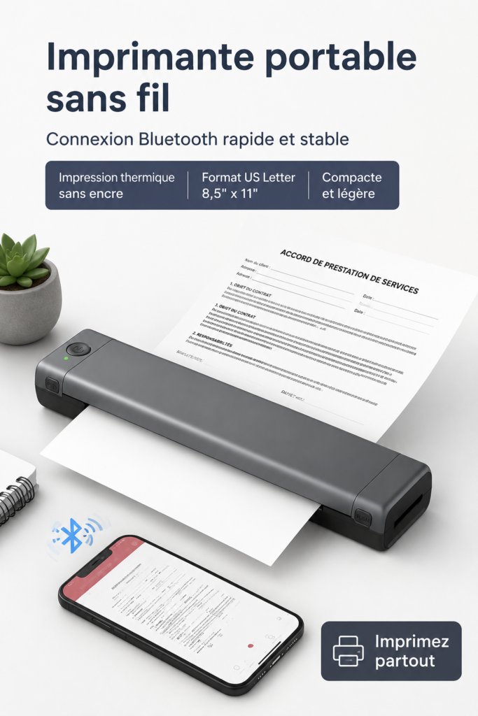 Imprimante portable Phomemo sur une table avec des étiquettes imprimées