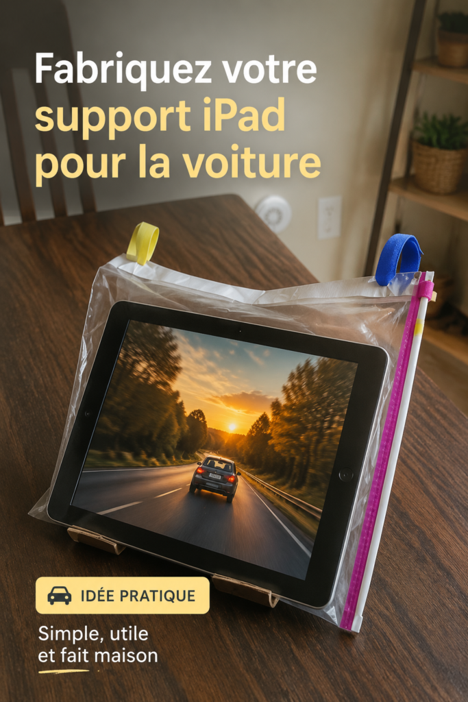 Un kit de voiture DIY pour iPad, comprenant un support et des accessoires pratiques, installé dans un véhicule.