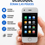 Mini smartphone Android 2.45 pouces sur une table avec un fond neutre.