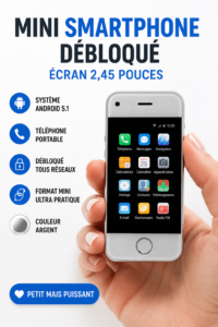 Mini smartphone Android 2.45 pouces sur une table avec un fond neutre.