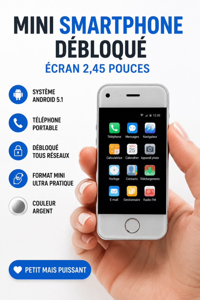 Mini smartphone Android 2.45 pouces sur une table avec un fond neutre.