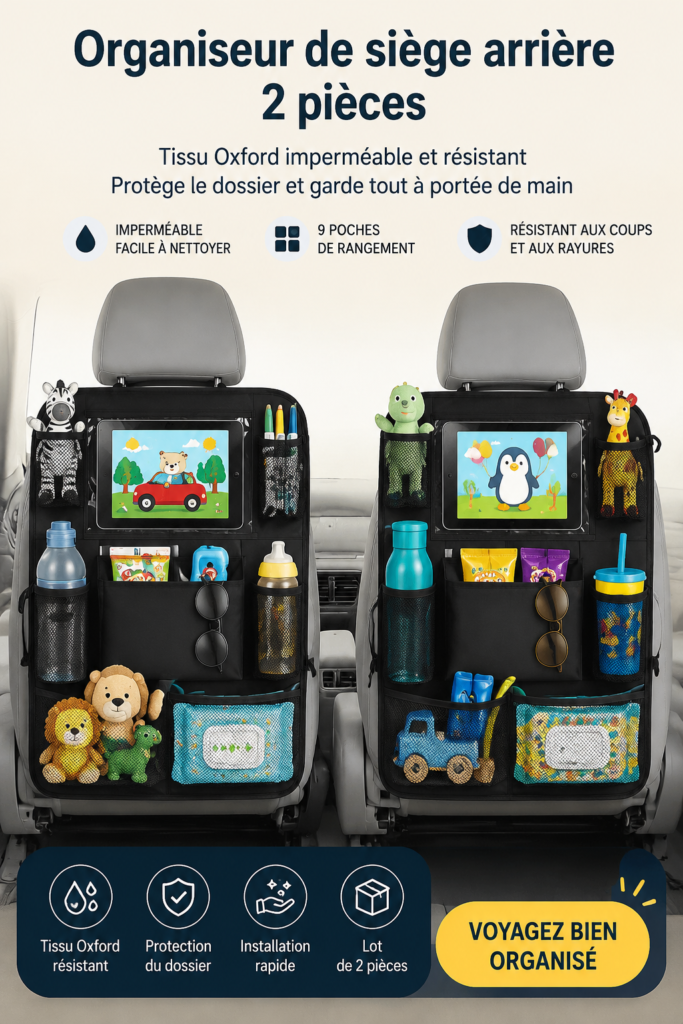 Organisateur de sièges arrière de voiture en tissu imperméable avec plusieurs poches