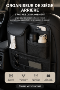 Organisateur de voiture avec plusieurs poches et tablette pliable bien rangé à l'arrière d'un siège.