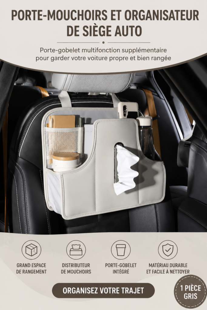 Organisateur de voiture gris pratique pour transporter des accessoires d'enfants.