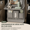 Organiseur de voiture grise suspendue à un siège arrière avec tablette