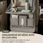 Organiseur de voiture grise suspendue à un siège arrière avec tablette