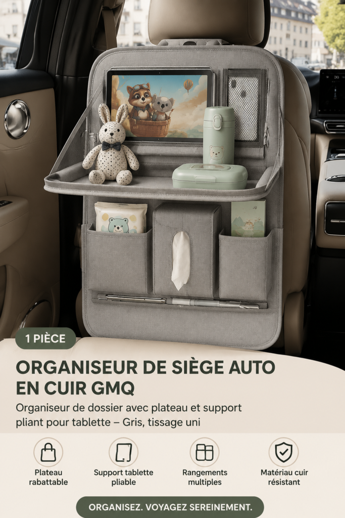 Organiseur de voiture grise suspendue à un siège arrière avec tablette