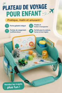 Un plateau de voyage pour enfants avec porte-gobelet et poches organisé dans une voiture