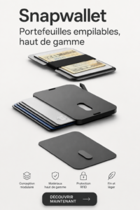Portefeuille Snapwallet empilable en cuir, élégant et polyvalent, sur fond neutre.