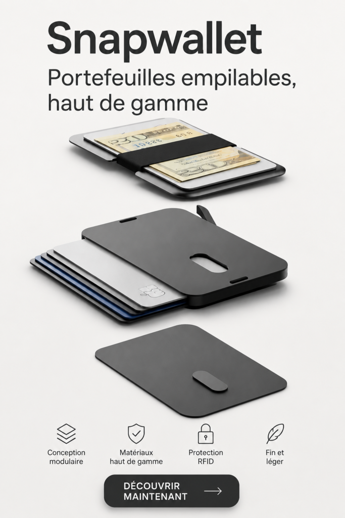 Portefeuille Snapwallet empilable en cuir, élégant et polyvalent, sur fond neutre.