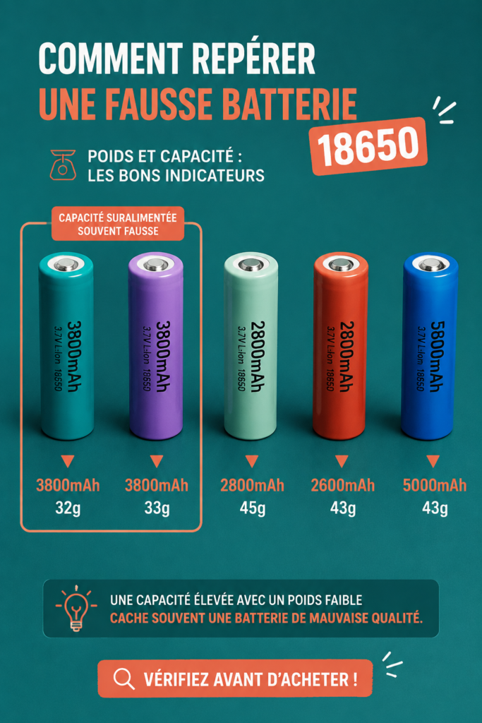 Un photographié de batteries 18650 authentiques et contrefaites pour montrer les différences.