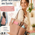 Sac à main moderne pour étudiante sur une table avec livres et ordinateurs