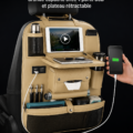 Sac de rangement multifonction pour siège-auto avec ports USB, idéal pour les trajets familiaux.