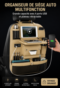Sac de rangement multifonction pour siège-auto avec ports USB, idéal pour les trajets familiaux.