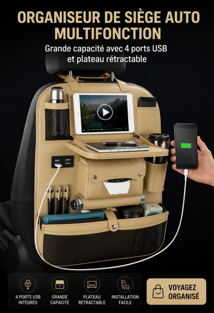 Sac de rangement multifonction pour siège-auto avec ports USB, idéal pour les trajets familiaux.