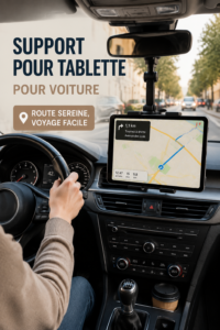 Support iPad installé dans une voiture, prêt à être utilisé pour le divertissement.