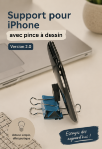 Support DIY pour iPhone fabriqué à partir d'un clip binder, sur une table