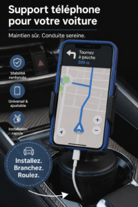 Support smartphone CupFone installé dans une voiture.