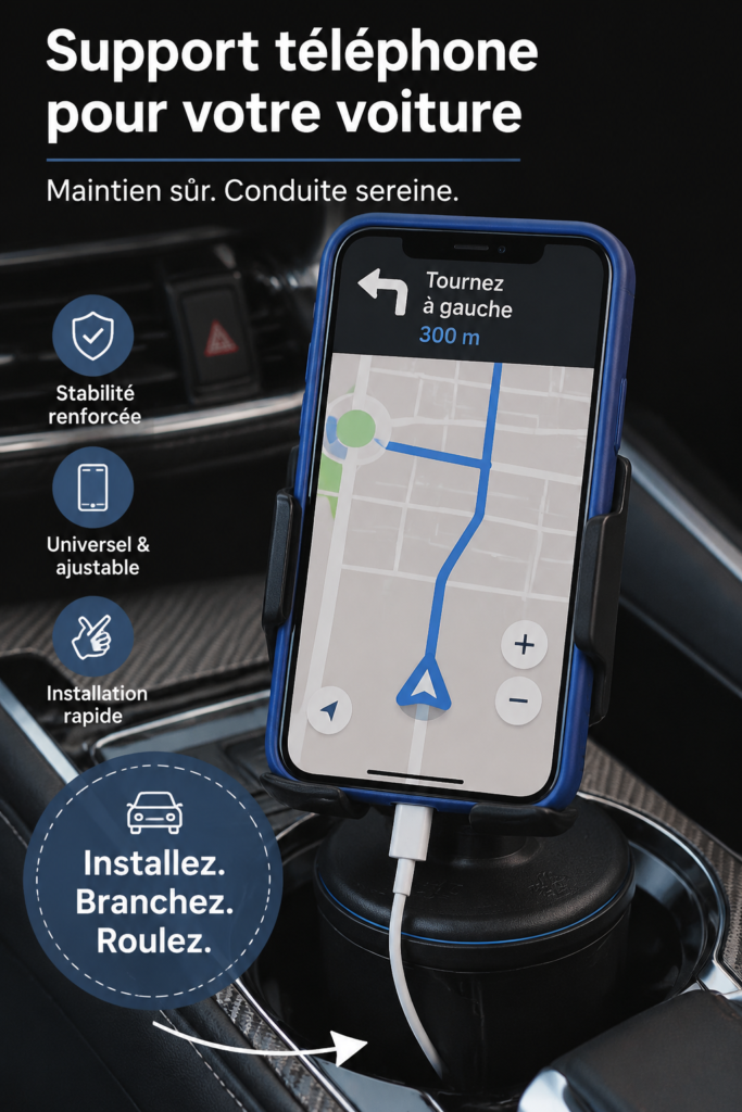 Support smartphone CupFone installé dans une voiture.