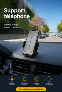 Support téléphone élégant sur un bureau moderne, prêt à être offert en cadeau.