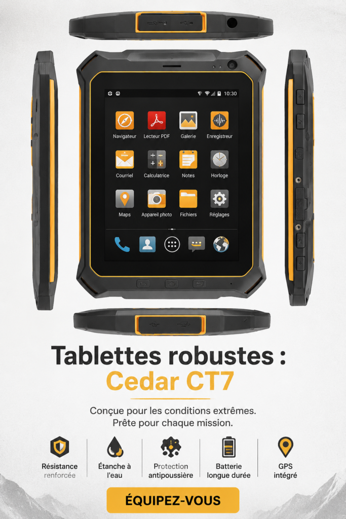 Image de la tablette Cedar CT7, un modèle robuste et moderne, idéal pour les femmes actives.