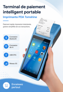 Terminal de paiement Tomshine sur une table avec des accessoires de bureau
