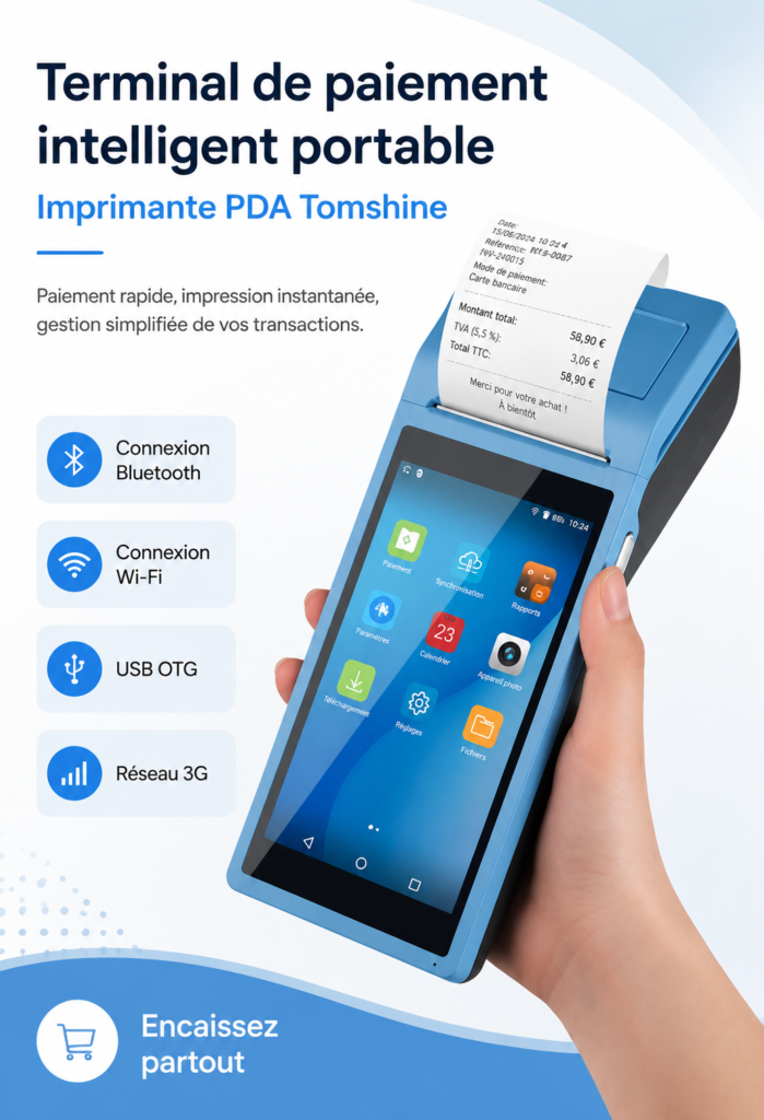 Terminal de paiement Tomshine sur une table avec des accessoires de bureau