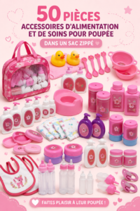 Groupe d'accessoires colorés pour poupées disposés dans une belle trousse de rangement.
