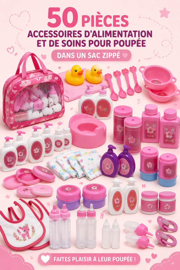Groupe d'accessoires colorés pour poupées disposés dans une belle trousse de rangement.
