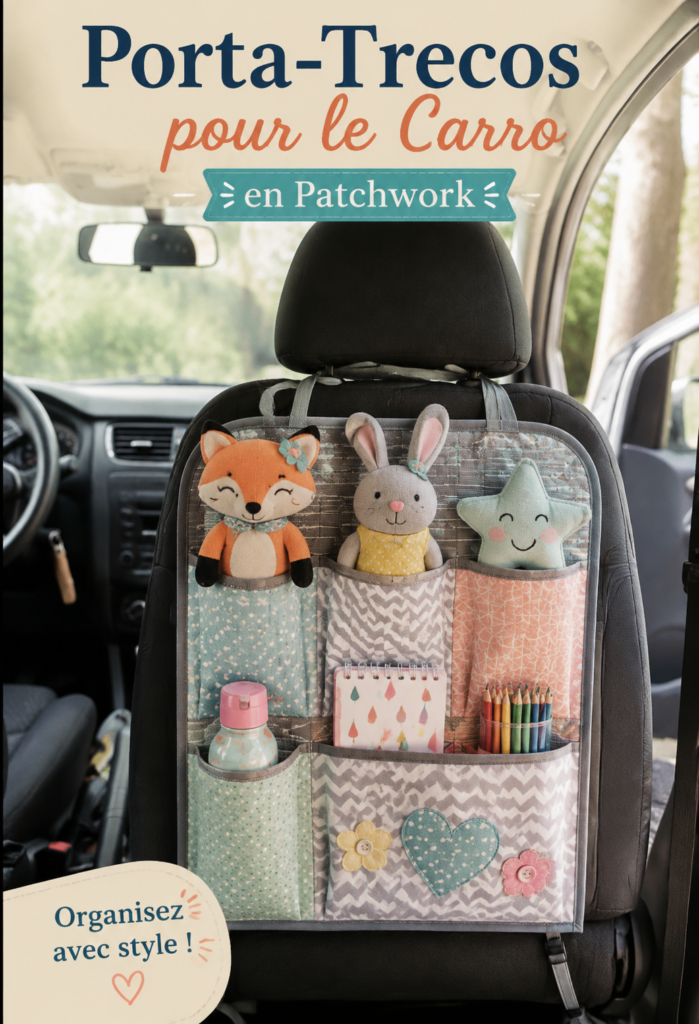 Porte-accessoires en patchwork coloré dans une voiture familiale
