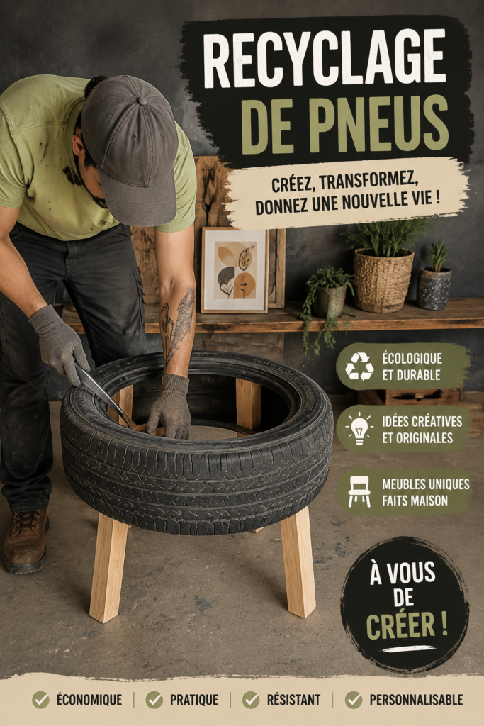 Accessoires en pneus recyclés pour la voiture, créés dans un cadre créatif et familiale.