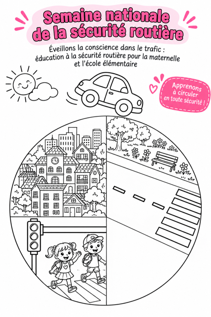 Enfant apprenant les règles de sécurité routière à travers une activité ludique.