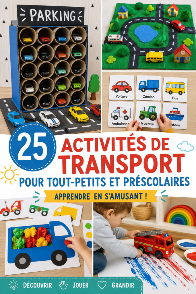 Un enfant jouant avec des jouets de transport colorés sur un tapis.