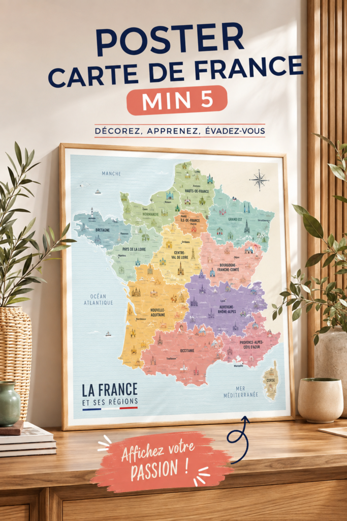 Une collection d'affiches modernes évoquant la France sur un mur contemporain.