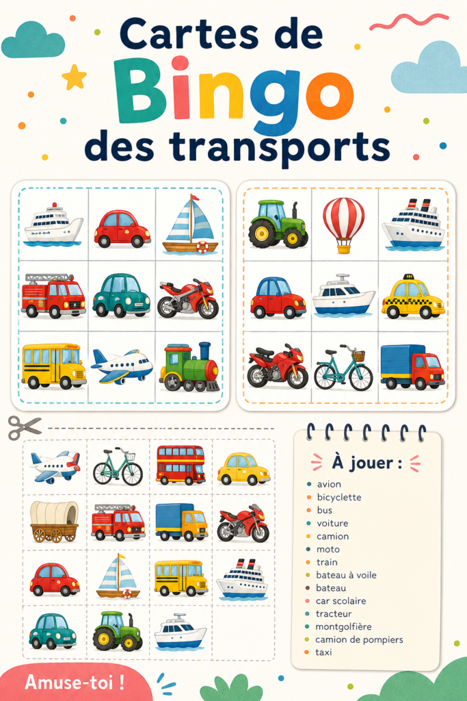 Un enfant souriant tenant une carte Bingo durant un voyage en voiture.