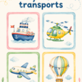 Des cartes de transport colorées étalées sur une table, idéales pour l'apprentissage des enfants.