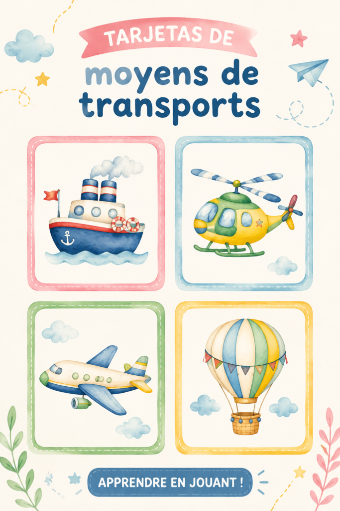 Des cartes de transport colorées étalées sur une table, idéales pour l'apprentissage des enfants.