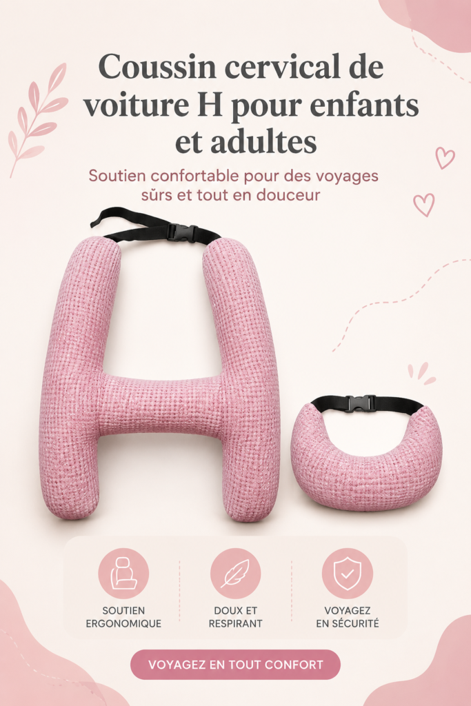 Un coussin de soutien cervical confortable pour voiture, conçu pour petits et grands.