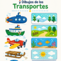 Illustration colorée de différents moyens de transport pour enfants, mettant en avant des voitures, des trains et des avions.