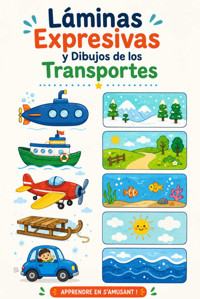 Illustration colorée de différents moyens de transport pour enfants, mettant en avant des voitures, des trains et des avions.