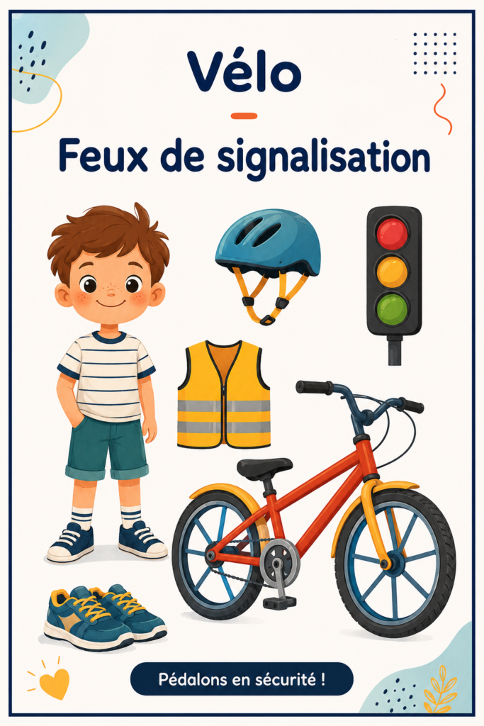 Un vélo équipé de feux tricolores lumineux sur une route urbaine.