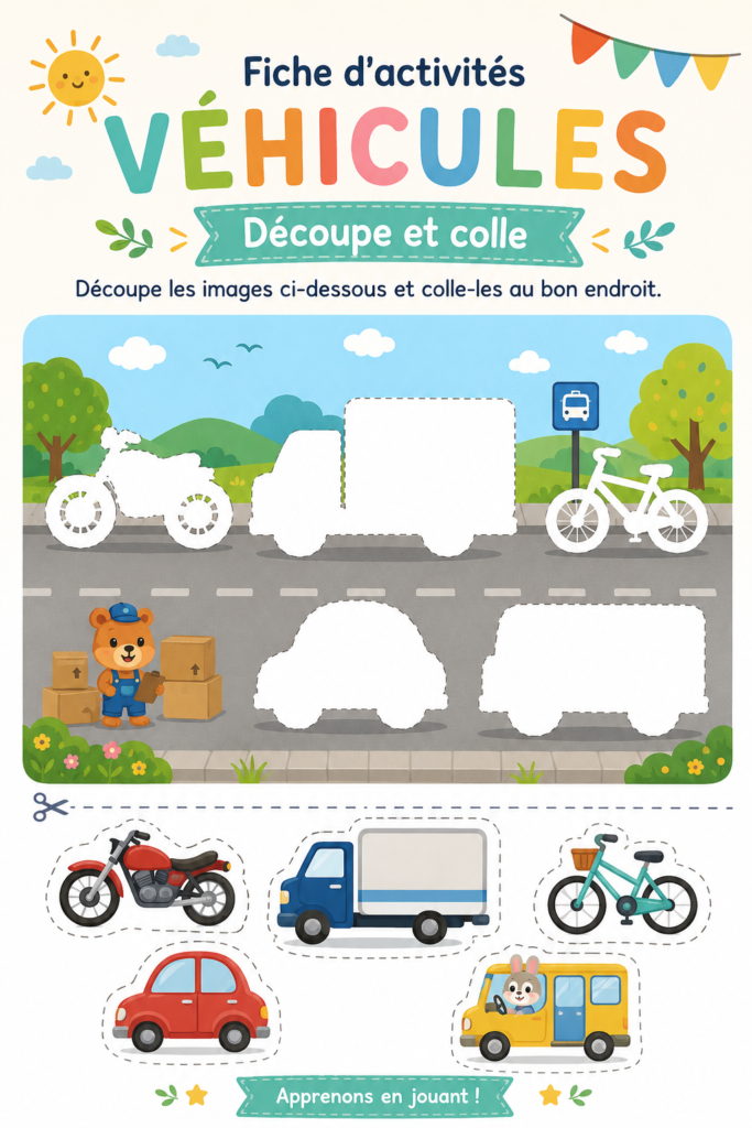 Fiches à découper de véhicules colorés pour enfants