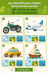 Enfants jouant à un jeu éducatif en voiture pour apprendre les terrains des véhicules.