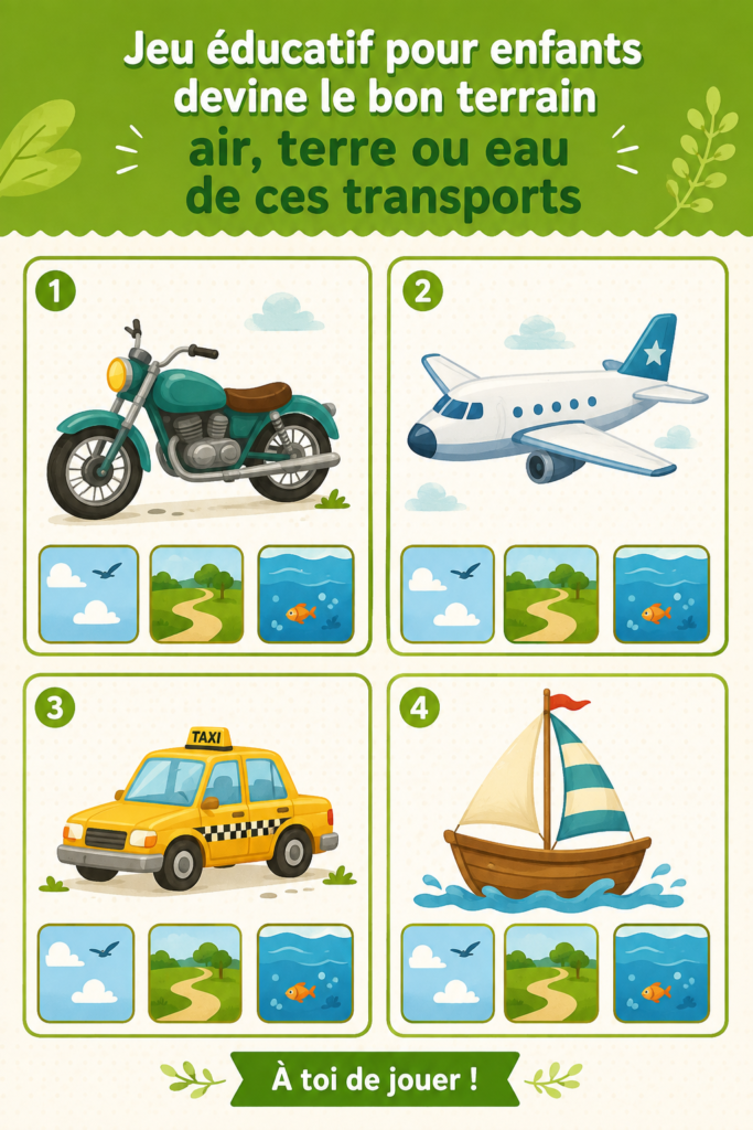Enfants jouant à un jeu éducatif en voiture pour apprendre les terrains des véhicules.