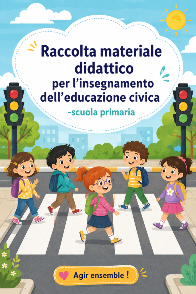 Matériel éducatif coloré pour l'éducation civique à l'école primaire, incluant des livres et des jeux.