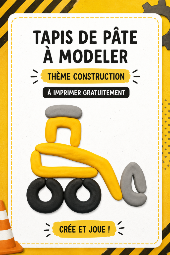 Un mat de jeu en papier illustré sur le thème de la construction, utilisé par des enfants avec des jouets.
